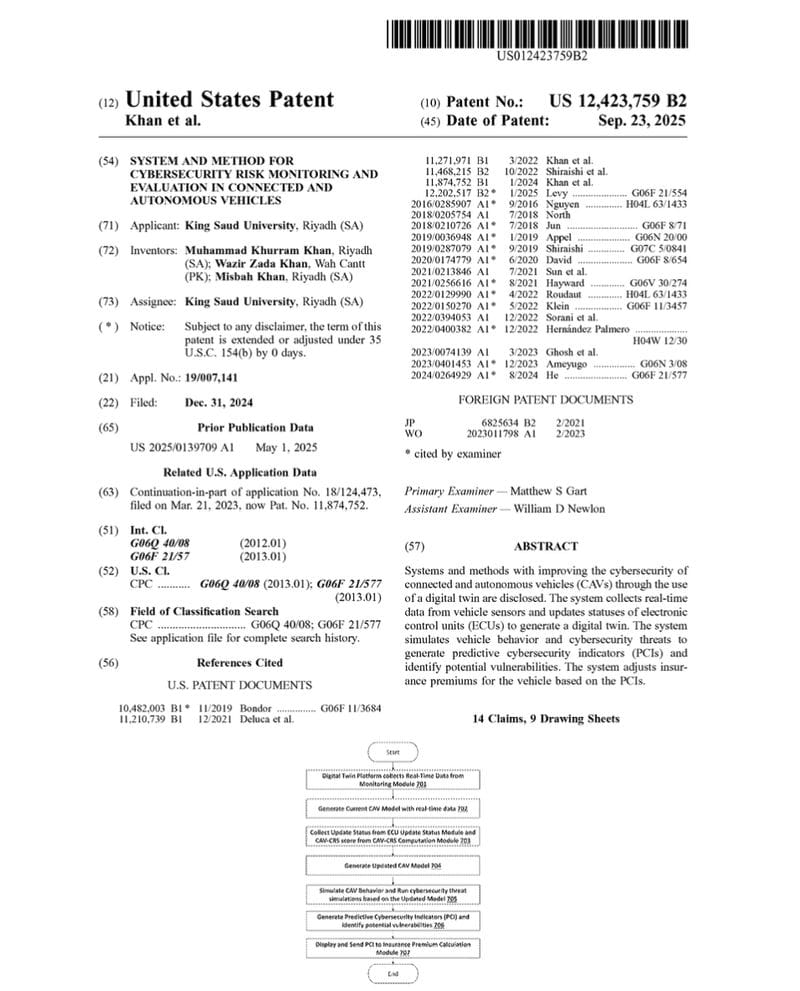 CoEIA Granted a US Patent on Cybersecurity Risk Monitoring for Connected and Autonomous Vehicles