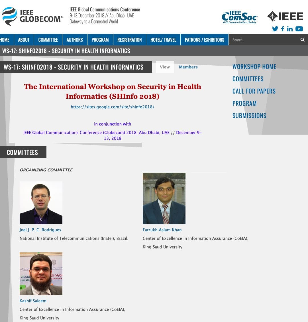 مركز التميز لأمن المعلومات ينظم ورشة عن أمن أنظمة المعلومات الصحية في IEEE Globecom 2018