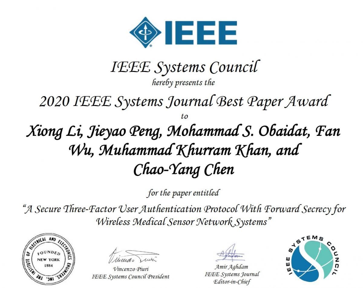 مركز التميز لأمن المعلومات يحصد جائزة أفضل ورقة علمية في مجلة IEEE Systems