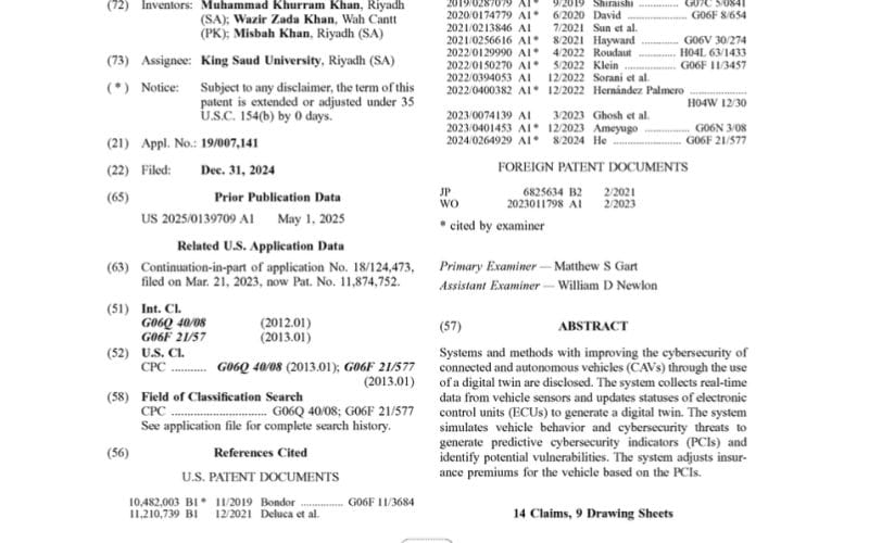 CoEIA Granted a US Patent on Cybersecurity Risk Monitoring for Connected and Autonomous Vehicles