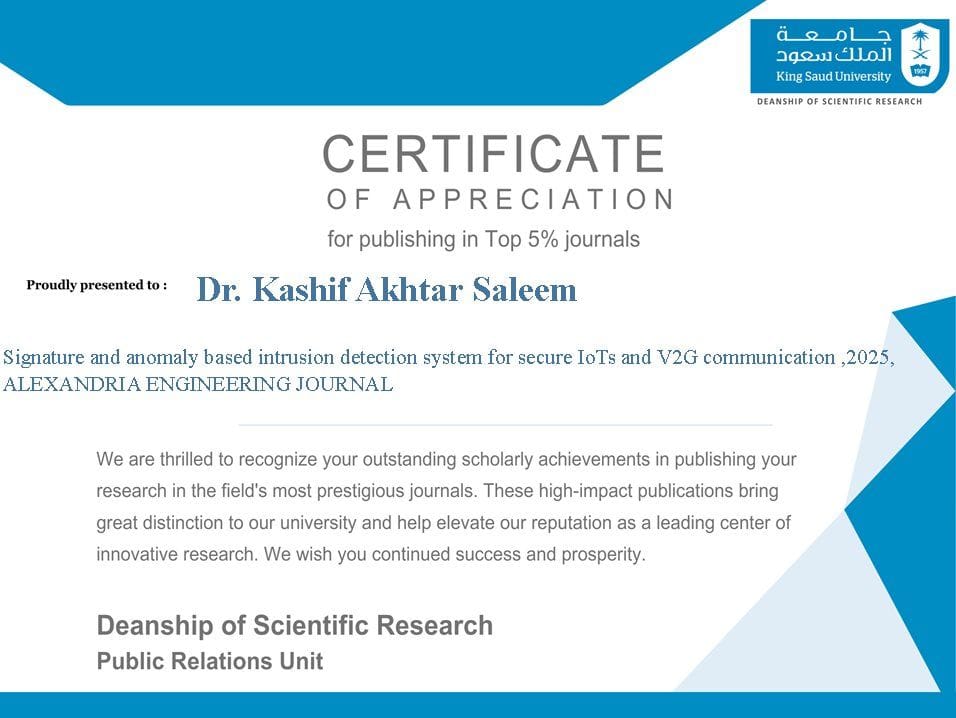 Dr. Kashif Akhtar Saleem Receives a Certificate of Appreciation from the Deanship of Scientific Research