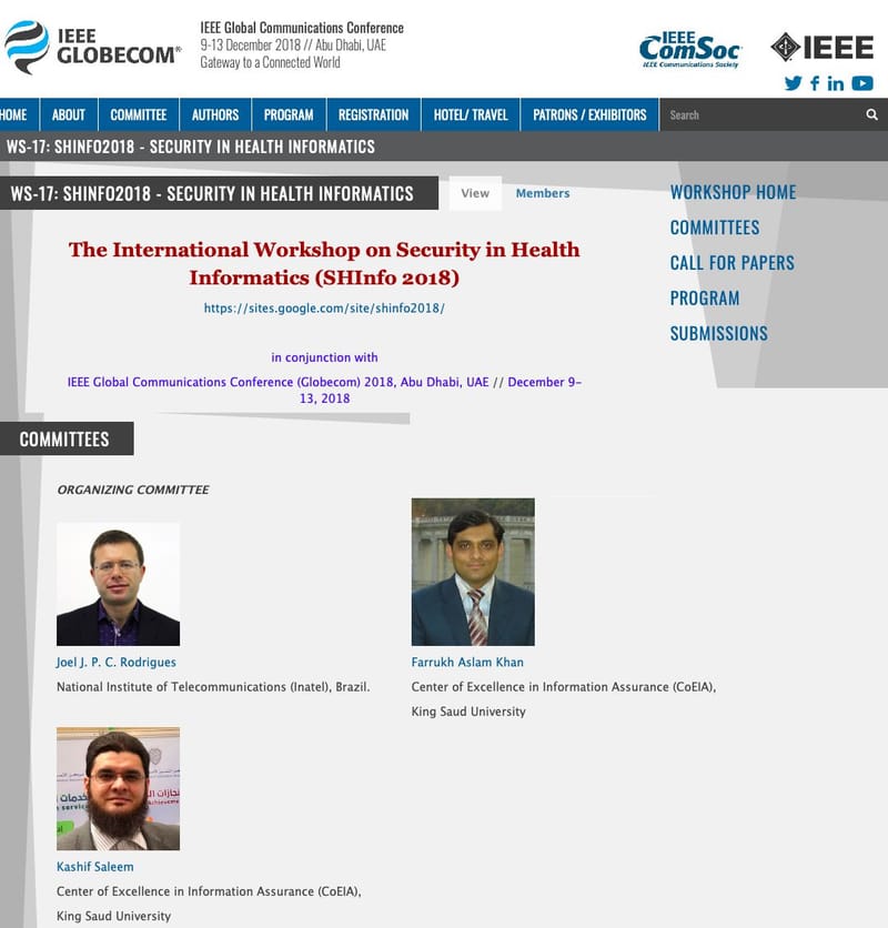 مركز التميز لأمن المعلومات ينظم ورشة عن أمن أنظمة المعلومات الصحية في IEEE Globecom 2018