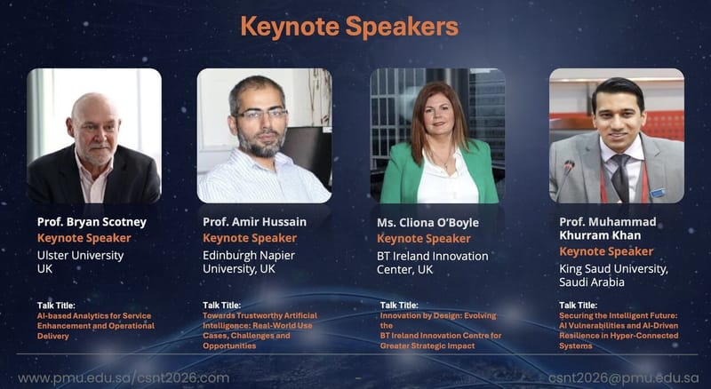 البروفيسور محمد خرم خان يلقي كلمة رئيسية في مؤتمر IEEE CSNT 2026 بالخبر